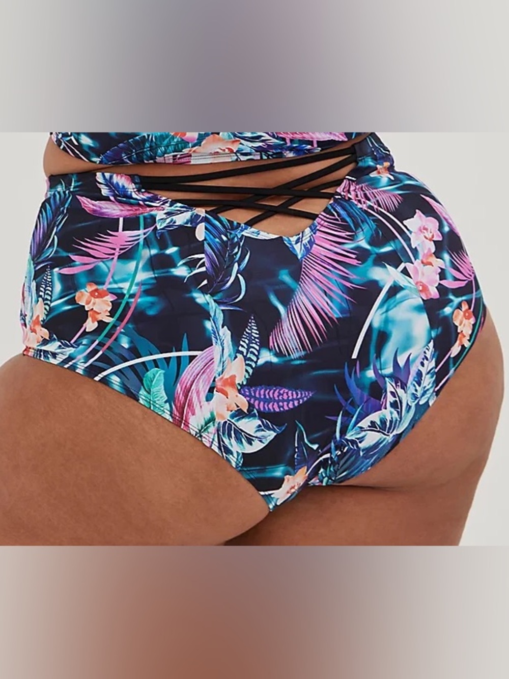 Torrid Womens Tropical Floral Lattice Back High Waist Swim Bottoms 2X 18 2 Black